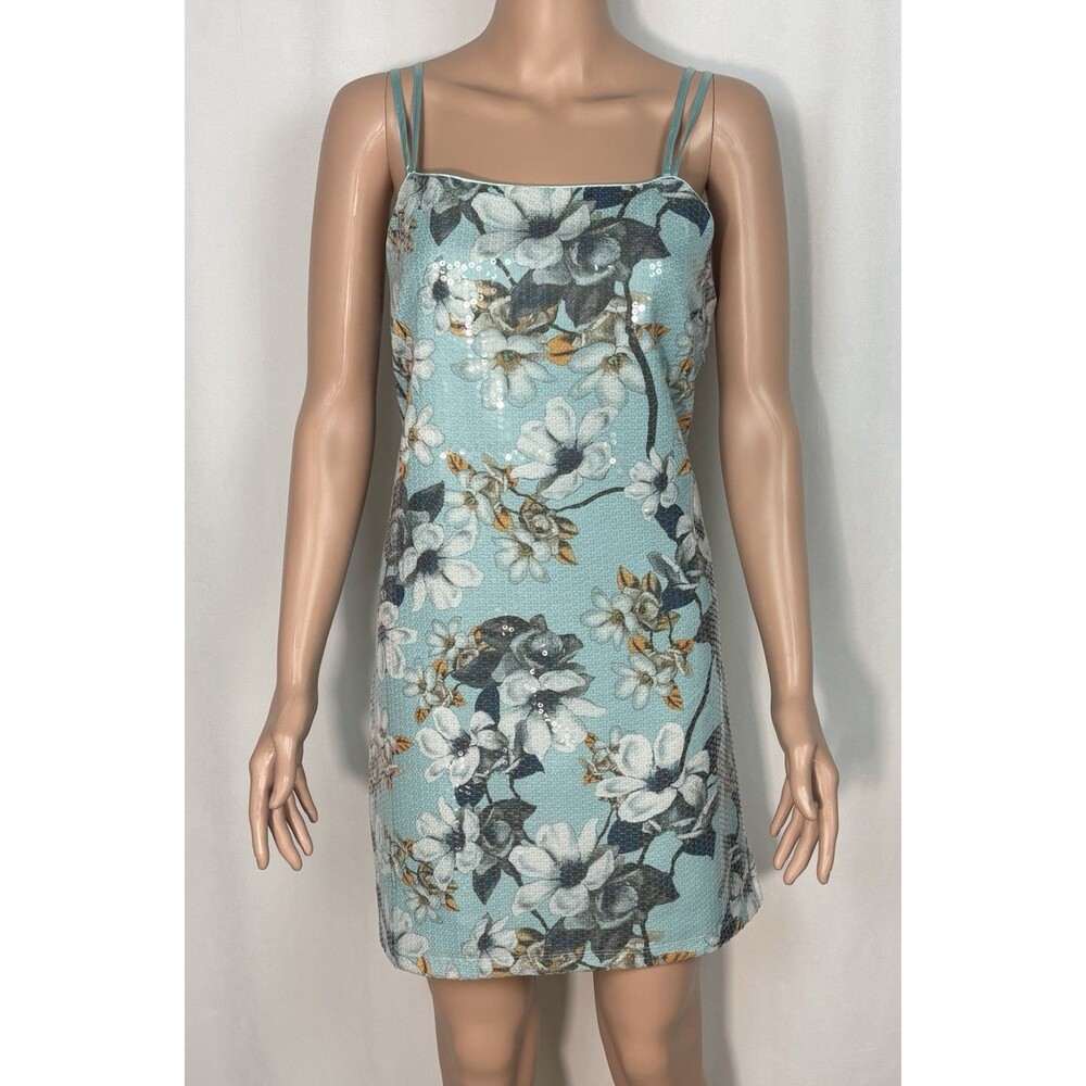 Venus Sequin Mini Dress L Floral Blue Cami Cocktail Party Wedding Guest NWT